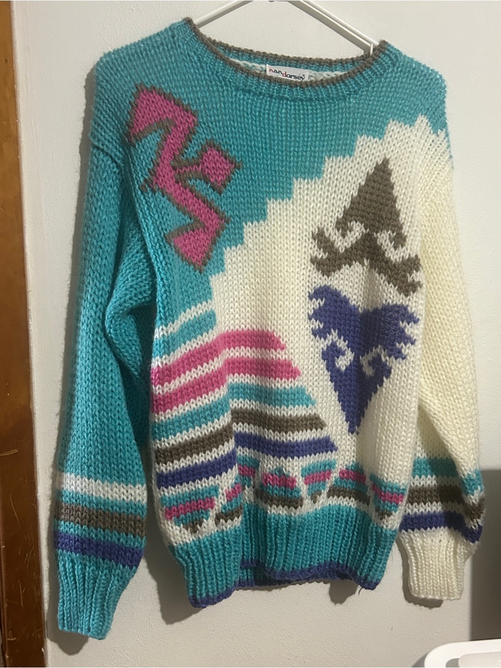 Vintage Nan Dorsey Handknit Turquoise and Cream Patterned Crewneck Sweater